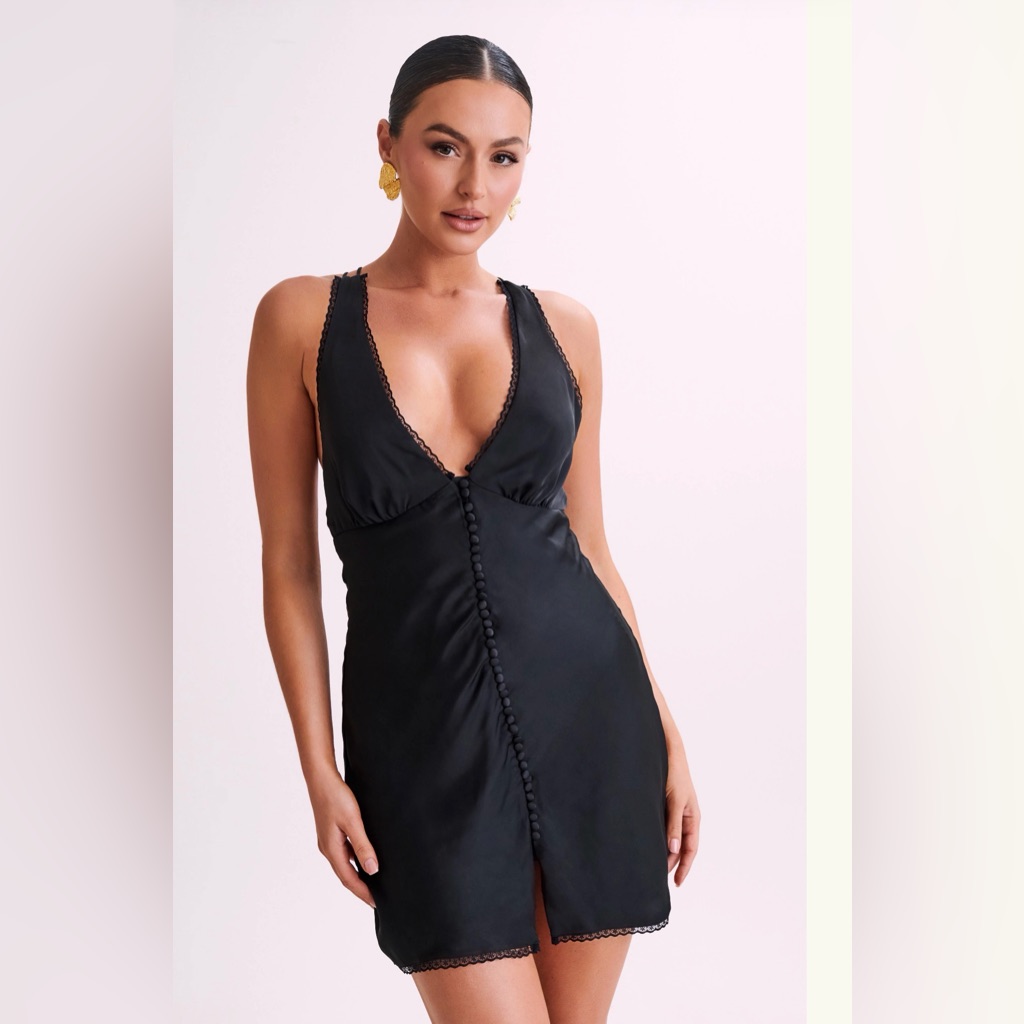 Meshki Amiri Satin Mini Dress With Lace Black Xxs
